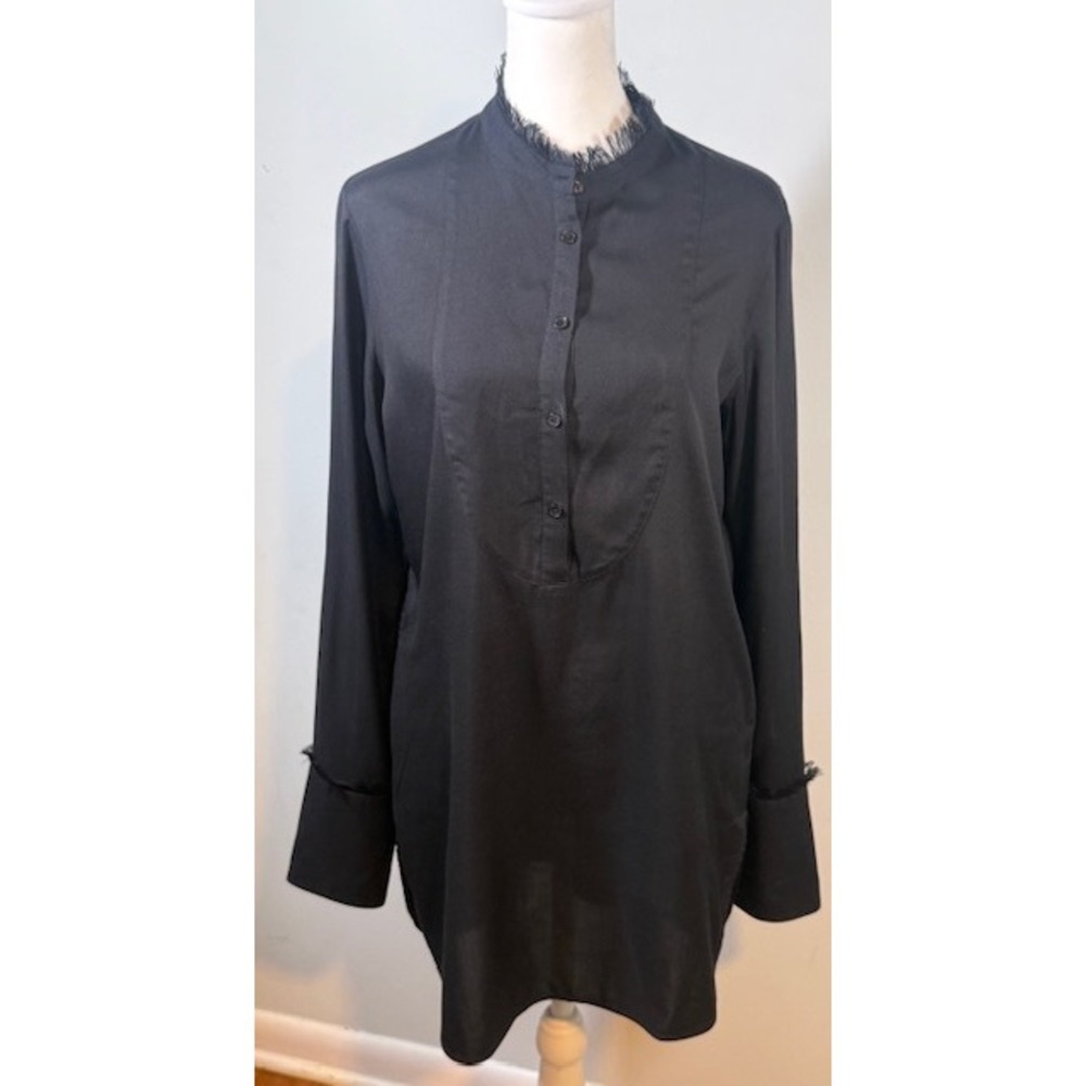 Raquel Allegra 100% Silk Bib Front Tunic Size 1 Black Raw Edge‎ Fringe Collar